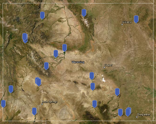 Map of harmful cyanobacterial blooms in Wyoming