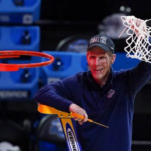 Gonzaga head coach Mark Few celebrates after an Elite 8 game against Southern California in the NCAA men's college basketball tournament at Lucas Oil Stadium, Tuesday, March 30, 2021, in Indianapolis. Gonzaga won 85-66. (AP Photo/Darron Cummings)