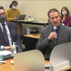 FILE - In this April 15, 2021, file image from video, defense attorney Eric Nelson, left, and former Minneapolis police Officer Derek Chauvin address Judge Peter Cahill at the courthouse in Minneapolis during Chauvin's trial in the death of George Floyd. (Court TV via AP, Pool, File)