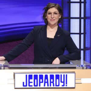 In this image provided by Jeopardy Productions, Inc., guest host Mayim Bialik appears on the set of "Jeopardy!" (Carol Kaelson/Jeopardy Productions, Inc. via AP)