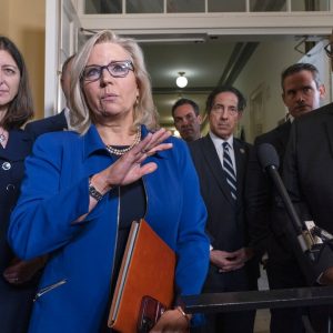 FILE —In this July 27, 2021 file photo Rep. Liz Cheney, R-Wyo., speaks to the media, with from left, Rep. Elaine Luria, D-Va., Cheney, Rep. Pete Aguilar, D-Calif., Rep. Jamie Raskin, D-Md., Rep. Adam Kinzinger, R-Illi., and Chairman Rep. Bennie Thompson, D-Miss., after the first hearing of the House Select committee to investigate the January 6 attack on the U.S. Capitol, on Capitol Hill in Washington. Republican officials in Wyoming's Park and Carbon counties voted unanimously in the past week of Tuesday, Aug. 10,  to no longer recognize Cheney as a party member because of her to vote to impeach Donald Trump. (AP Photo/Jacquelyn Martin, File)