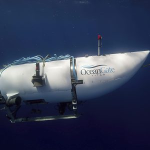 This photo provided by OceanGate Expeditions shows a submersible vessel named Titan used to visit the wreckage site of the Titanic. In a race against the clock on the high seas, an expanding international armada of ships and airplanes searched Tuesday, June 20, 2023, for the submersible that vanished in the North Atlantic while taking five people down to the wreck of the Titanic. (OceanGate Expeditions via AP)