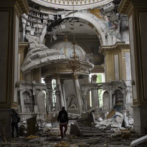 Church personnel inspect damages inside the Odesa Transfiguration Cathedral in Odesa, Ukraine, Sunday, July 23, 2023, following Russian missile attacks. (AP Photo/Jae C. Hong)