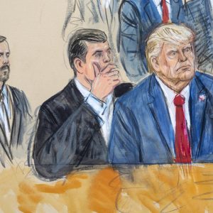 This artist sketch depicts former President Donald Trump, right, conferring with defense lawyer Todd Blanche, center, during his appearance at the Federal Courthouse in Washington, Thursday, Aug. 3, 2023. Special Prosecutor Jack Smith sits at left. Trump pleaded not guilty in Washington's federal court to charges that he conspired to overturn the 2020 election. (Dana Verkouteren via AP)