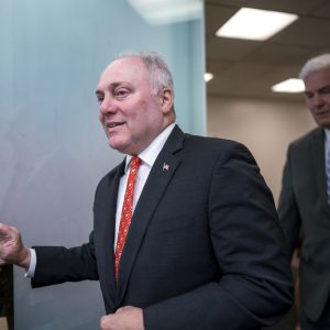 FILE - House Majority Leader Steve Scalise, R-La., joined at right by Majority Whip Tom Emmer, R-Minn., arrives for a news conference at the Capitol in Washington, Tuesday, June 6, 2023. Scalise has been diagnosed with blood cancer.(AP Photo/J. Scott Applewhite)