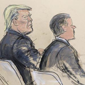 This courtroom sketch shows former President Donald Trump, left, seated at the defense table next to his attorney Christopher Kise, during opening arguments of his fraud lawsuit trial, Monday, Oct. 2, 2023, in New York. (AP Photo/Elizabeth Williams)