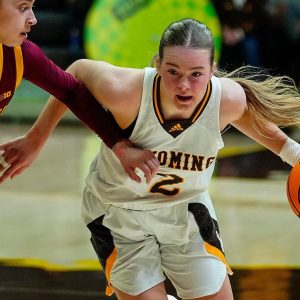 Apr 01, 2024; Laramie, WY, USA; WNIT; Wyoming Cowgirls guard Emily Mellema (2) against the Minnesota Golden Gophers in the WNIT at Arena-Auditorium. The Cowgirls lost to the Golden Gophers 65-54.  Mandatory Credit: Troy Babbitt-UW Media-Athletics