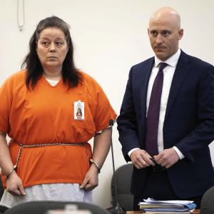 Patricia Batts appears in Judge John Brown’s courtroom alongside defense attorney Ryan Peabody for an initial appearance Wednesday, March 11, 2020, at the Law and Justice Center in Bozeman, Mont.
(Ryan Berry/Bozeman Chronicle)