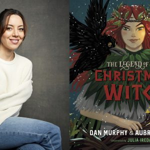 This combination photo shows a portrait of actress-author Aubrey Plaza, left, and cover art for Plaza's upcoming children's book “The Legend of the Christmas Witch," co-written with Dan Murphy. The book is scheduled for release on October 12. (AP Photo, left, and Viking Children's Books via AP)