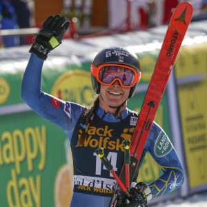 United States' Breezy Johnson gets to the finish area after completing an alpine ski, women's World Cup downhill, in Val d'Isere, France, Saturday, Dec.19, 2020. (AP Photo/Giovanni Auletta)